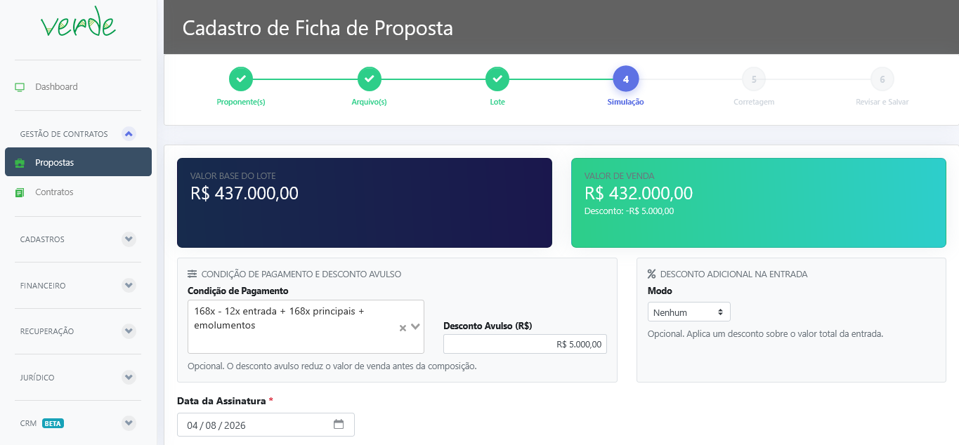 Cadastro de proposta no Verde SL